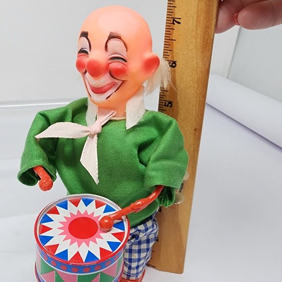 Vintage Wind-Up Tin Toy Clown Playing Drum 7" Tested  works great - Picture 5 of 6